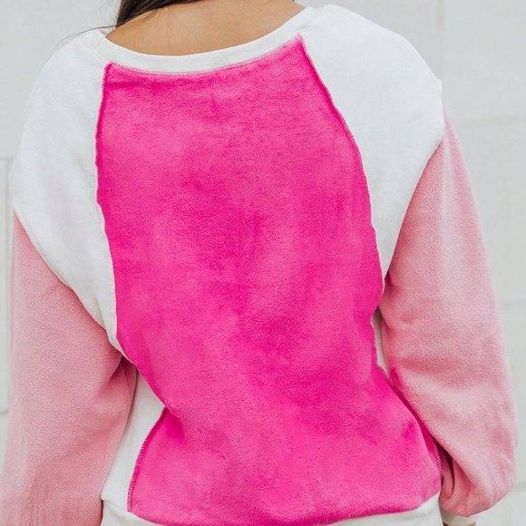 Pink Casual Womens Colorblock Lantern Sleeve Sweatshirt - Picture 2 of 5